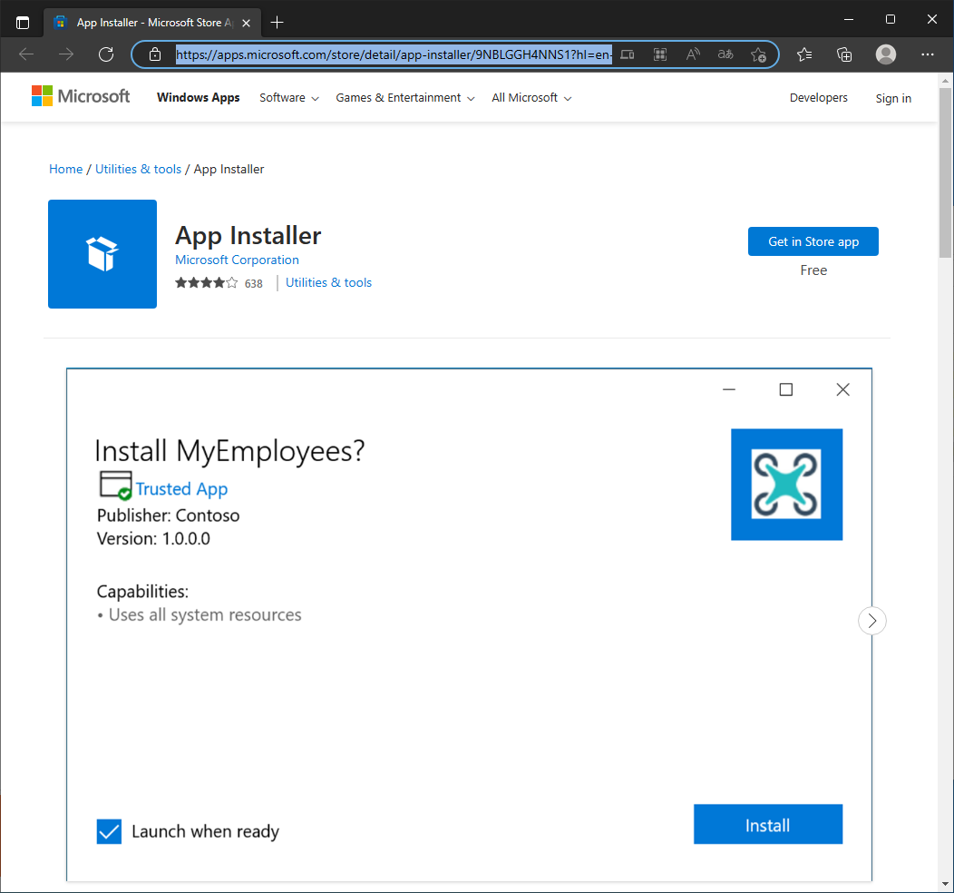 Locating the link to App Installer application in MS Store