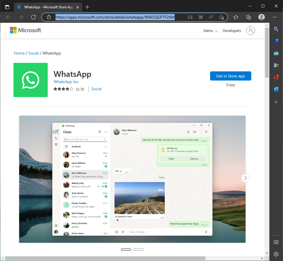 Locating the link to WhatsApp application in MS Store